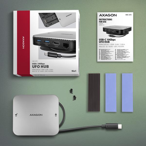 AXAGON HMC-UFO, USB 10Gbps hub, 2x USB-A, USB-C, HDMI 4k/ 60, RJ-45, M.2 slot, SD/ mSD, audio, PD 