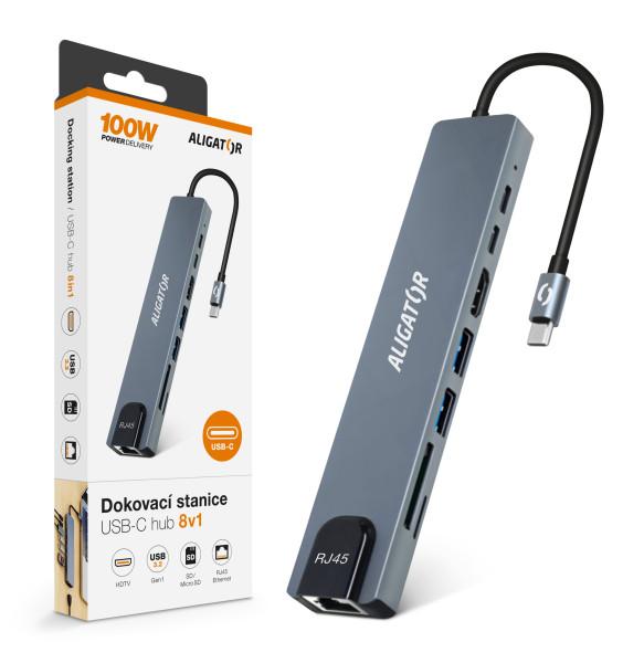 Aligator Dokovacia stanica USB-C/ Hub 8v1 (USB-C/ 2xUSB/ SD/ MicroSD/ HDTV/ RJ45) 