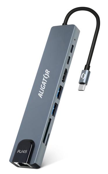 Aligator Dokovacia stanica USB-C/ Hub 8v1 (USB-C/ 2xUSB/ SD/ MicroSD/ HDTV/ RJ45) 