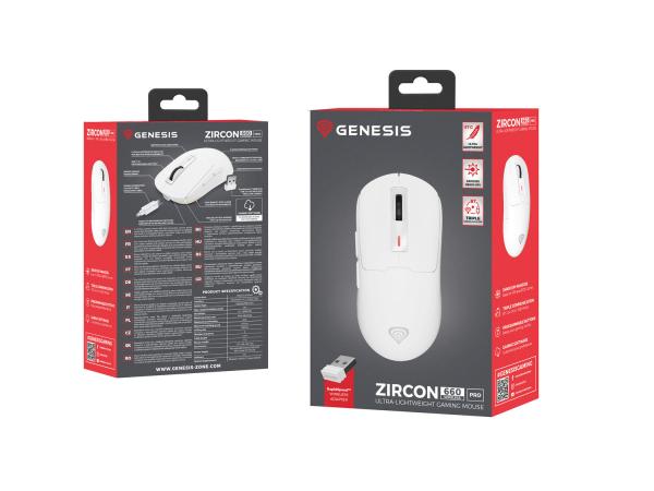 Genesis herná myš ZIRCON 660 PRO/ Herná/ Optická/ Pre pravákov/ 26 000 DPI/ Drôtová+bezdrôtová/ Biela 