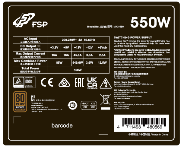 FSP HYPER 80+ PRO/ 550W/ ATX 3.0/ 80PLUS Bronzia 230V/ Bulk 