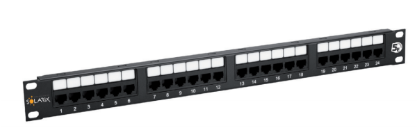 19" patch panel Solarix 24 x RJ45 CAT5E UTP 150 MHz černý 1U SX24-5E-UTP-BK