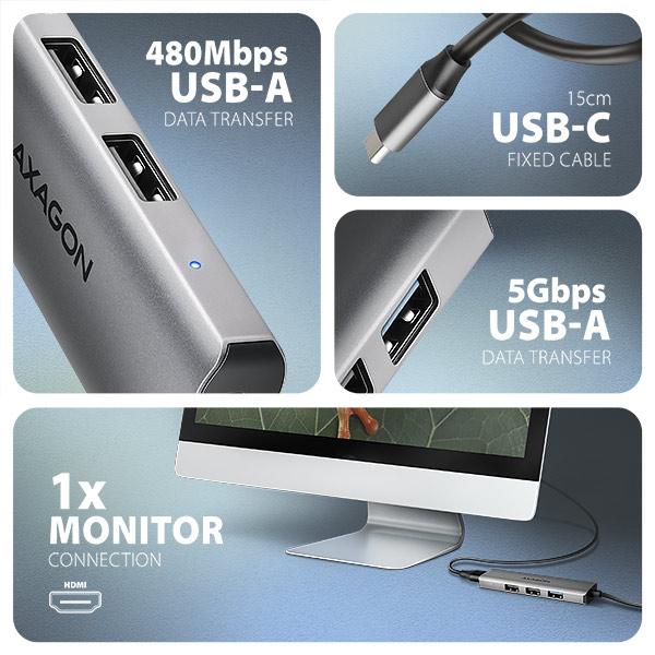 AXAGON HMC-H3A, USB 5Gbps hub, 3x USB-A, HDMI 4k/ 30Hz, kábel USB-C 15cm 