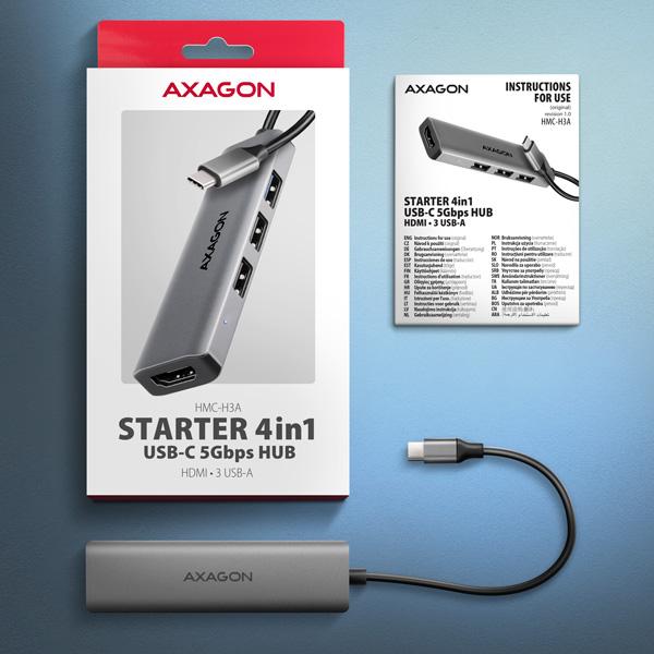 AXAGON HMC-H3A, USB 5Gbps hub, 3x USB-A, HDMI 4k/ 30Hz, kábel USB-C 15cm 