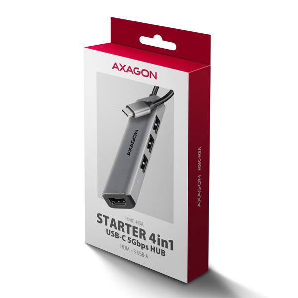AXAGON HMC-H3A, USB 5Gbps hub, 3x USB-A, HDMI 4k/ 30Hz, kábel USB-C 15cm 