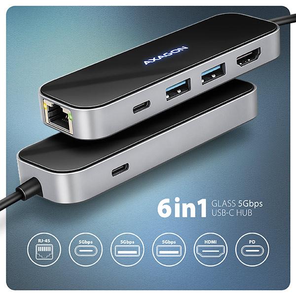 AXAGON HMC-6GLN, USB 5Gbps hub, 2x USB-A, USB-C, HDMI 4k/ 60Hz, RJ-45 GLAN, PD 100W, kábel USB-C 20cm 
