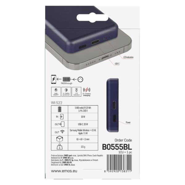 EMOS POWERBANKA WI 522, bezdrôtové nabíjanie 20W, 5.000mAh, MODRÁ, 1xUSB-C 