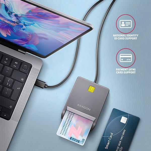 AXAGON CRE-SM3TC, USB-C FlatReader čítačka kontaktných kariet Smart card (eObčanka), kábel 1.2m 