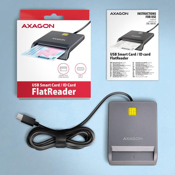 AXAGON CRE-SM3TC, USB-C FlatReader čítačka kontaktných kariet Smart card (eObčanka), kábel 1.2m 