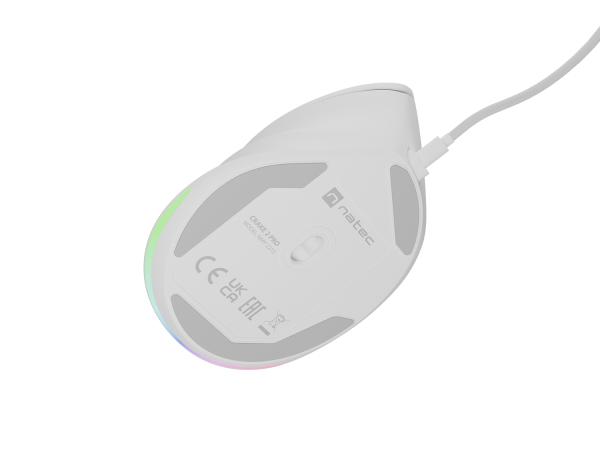 Vertikálna myš Natec CRAKE 2 PRO/ Vertikálna/ Optická/ Pre pravákov/ 12 400 DPI/ Drôtové USB-A/ Biela 