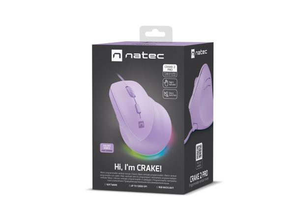 Vertikálna myš Natec CRAKE 2 PRO/ Vertikálna/ Optická/ Pre pravákov/ 12 400 DPI/ Drôtové USB-A/ Fialová 
