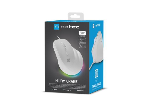 Vertikálna myš Natec CRAKE 2 PRO/ Vertikálna/ Optická/ Pre pravákov/ 12 400 DPI/ Drôtové USB-A/ Biela 
