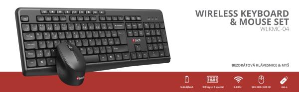 Klávesnice C-TECH WLKMC-04, bezdrátový combo set s myší, černý, USB, CZ/ SK 
