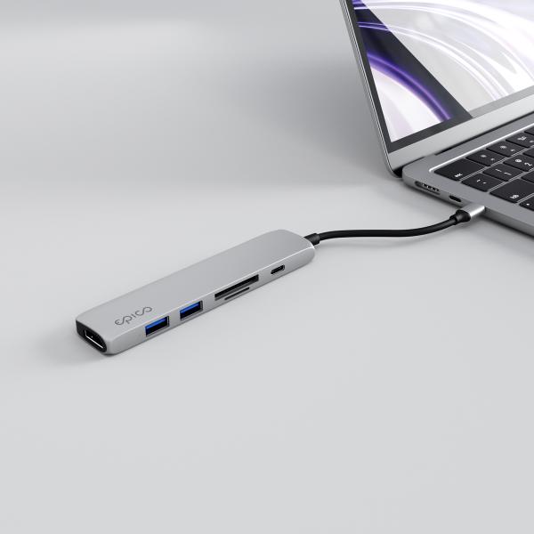 Epico 6v1 hliníkový USB-C 8K hub - strieborná 