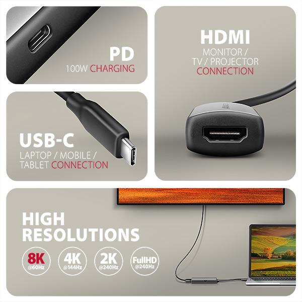 AXAGON RVC-HI8KPD, USB-C -> HDMI 2.1 redukcia/ adapter, 8K/ 60Hz, 4K/ 144Hz, HDR10+, PD100W 