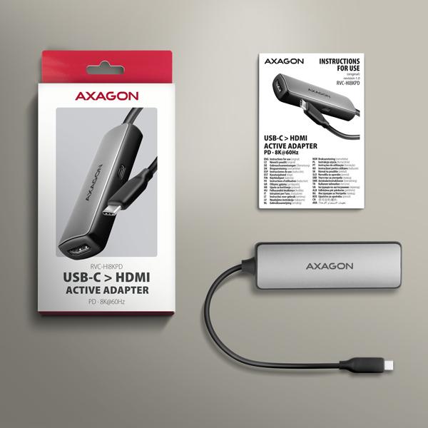 AXAGON RVC-HI8KPD, USB-C -> HDMI 2.1 redukcia/ adapter, 8K/ 60Hz, 4K/ 144Hz, HDR10+, PD100W 