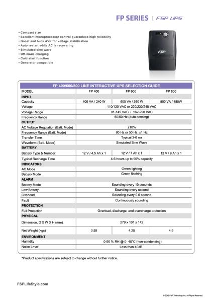 FSP UPS FP 600, 600 VA / 360 W, line interactive 
