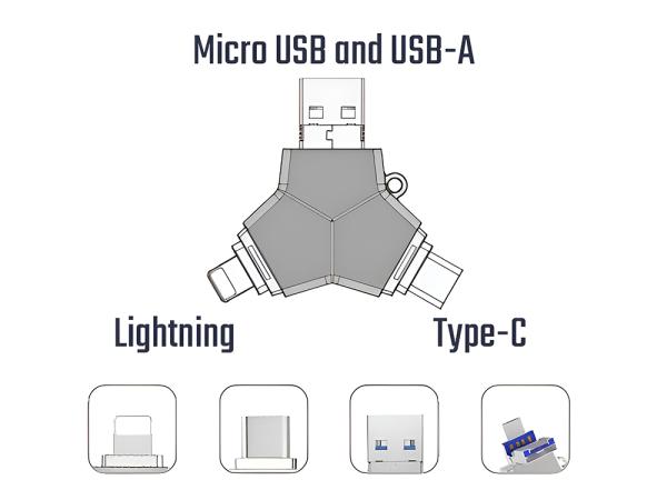 VIKING USB FLASH DISK 3.0 4v1 64GB, S KONCOVKOU APPLE LIGHTNING, USB-C, MICRO USB, USB3.0, strieborná 
