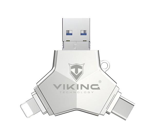 VIKING USB FLASH DISK 3.0 4v1 64GB, S KONCOVKOU APPLE LIGHTNING, USB-C, MICRO USB, USB3.0, strieborná 