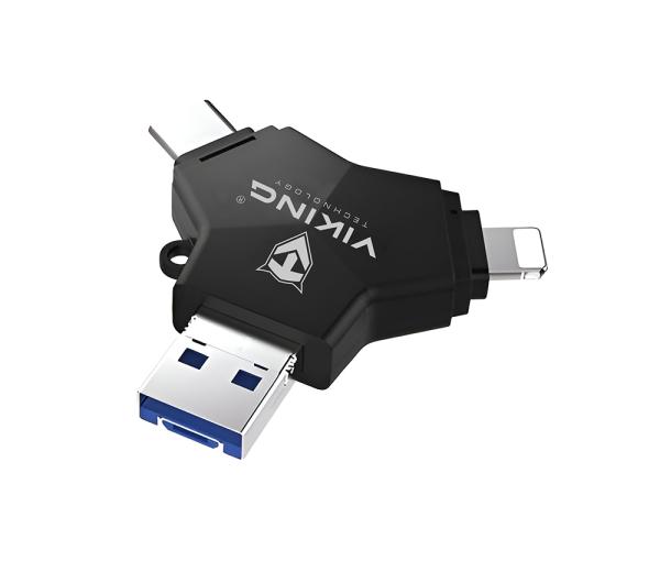 VIKING USB FLASH DISK 3.0 4v1 64GB, S KONCOVKOU APPLE LIGHTNING, USB-C, MICRO USB, USB3.0, strieborná 