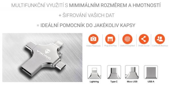 Viking 4v1/ Flash USB/ 16GB/ USB 3.0/ USB-A + USB-C/ + Adaptér/ Strieborná 