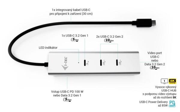 i-tec USB-C Charging Metal HUB 5port s USB-C video 8K, Power Delivery 85W 