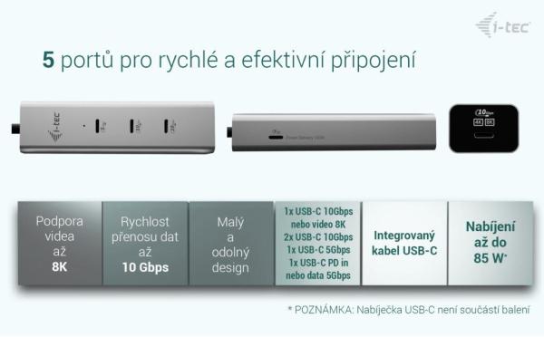 i-tec USB-C Charging Metal HUB 5port s USB-C video 8K, Power Delivery 85W 