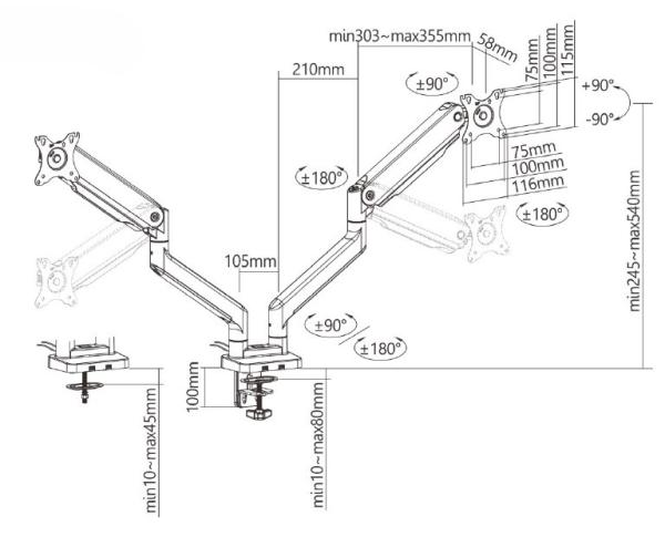 Držiak monitora Brateck LDT60-C024 dve ramená vedľa seba mechanická pružina Heavy Duty 