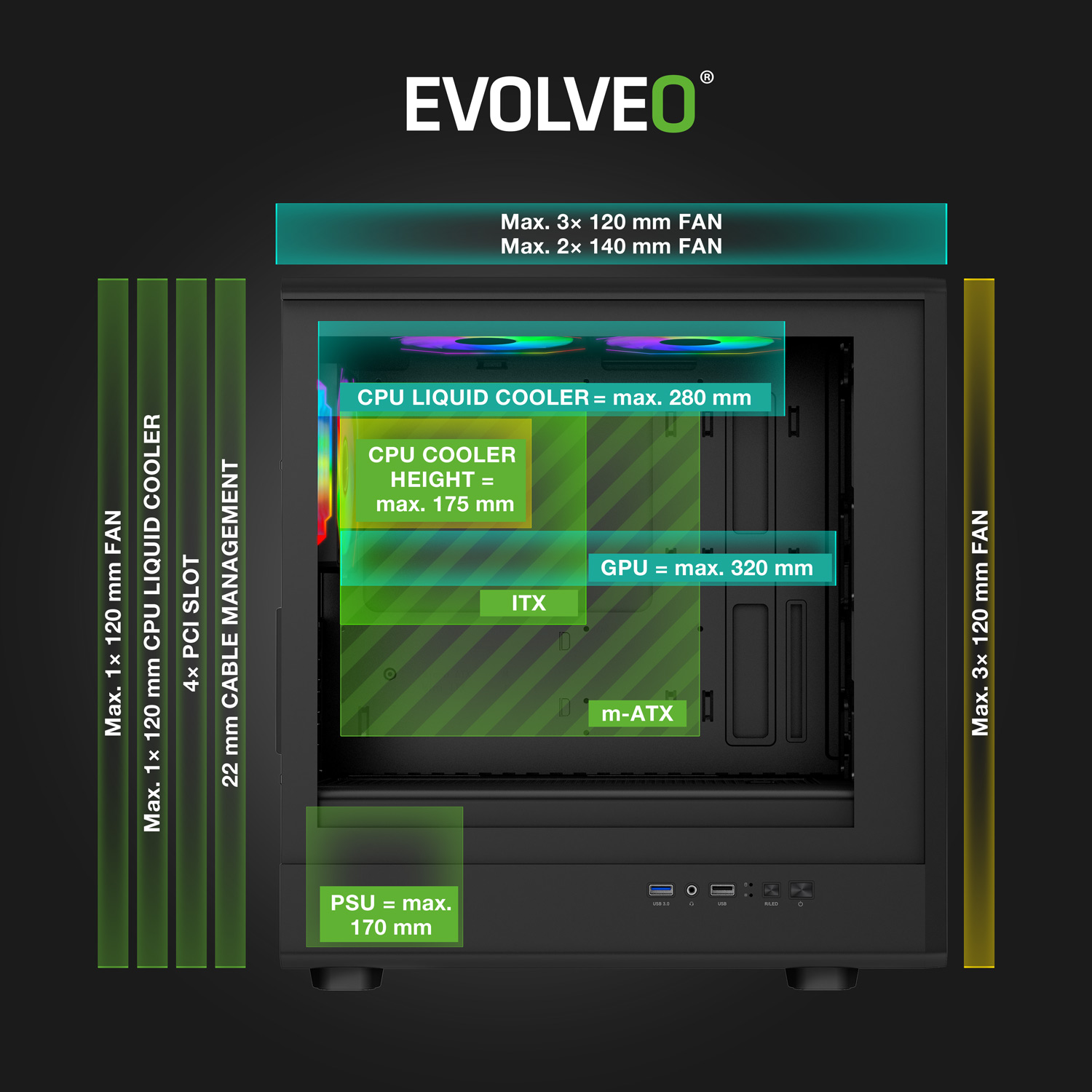EVOLVEO Panthera, mATX/ 3x ARGB 120/ drevo+sklo 