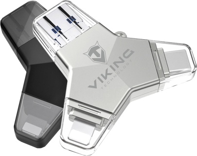 VIKING USB FLASH DISK 3.0 4v1 64GB, S KONCOVKOU APPLE LIGHTNING, USB-C, MICRO USB, USB3.0, strieborná 