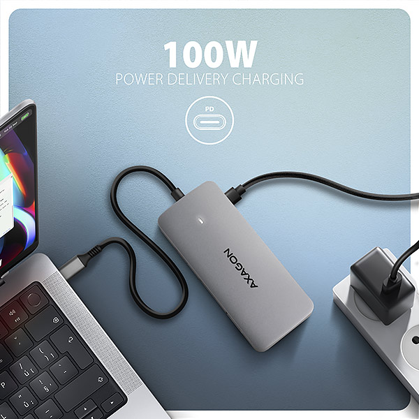 AXAGON HMC-CUB83X2, USB 10Gbps hub, 2x USB-A, USB-C, HDMI & DP 4k/ 144Hz, RJ-45, PD 100W, kábel 15cm 