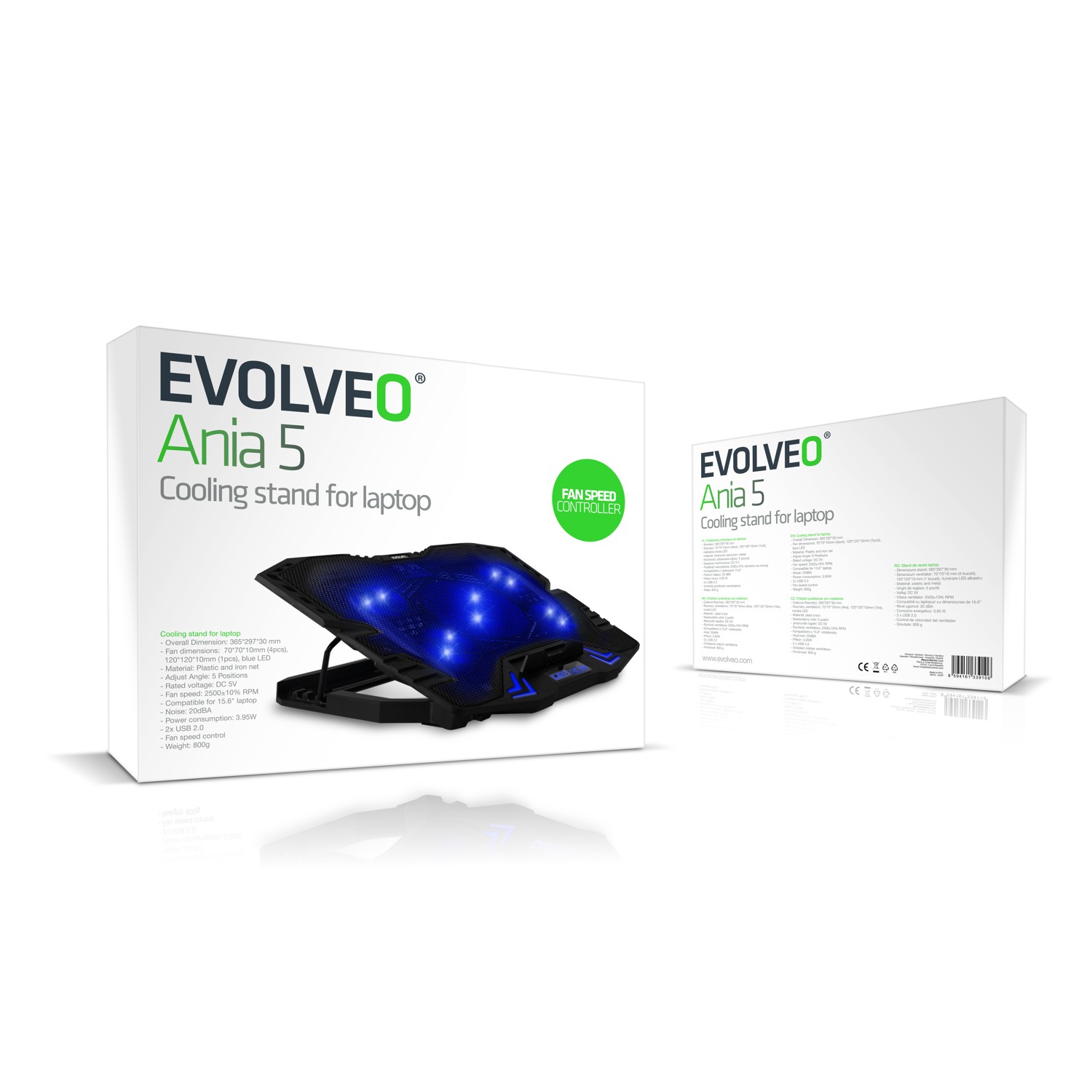 EVOLVEO Ania 5, chladiaca podložka pre notebook, 5x ventilátor, modré podsvietenie 