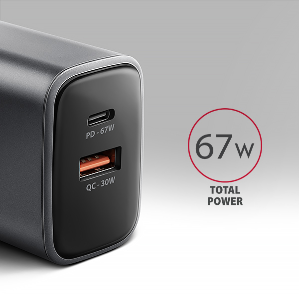 AXAGON ACU-PQ67 GaN nabíjačka do siete 67W, USB-A + USB-C, PD3.0/ PPS/ QC4+/ SFC2.0/ Apple 