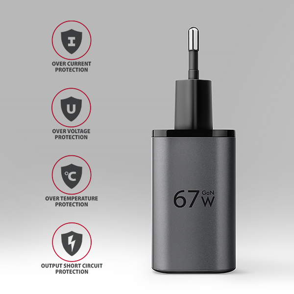 AXAGON ACU-PQ67 GaN nabíjačka do siete 67W, USB-A + USB-C, PD3.0/ PPS/ QC4+/ SFC2.0/ Apple 
