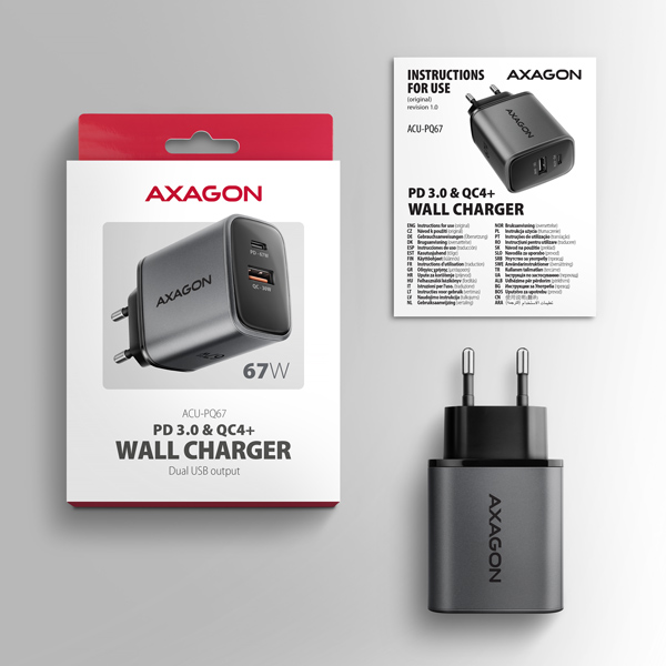 AXAGON ACU-PQ67 GaN nabíjačka do siete 67W, USB-A + USB-C, PD3.0/ PPS/ QC4+/ SFC2.0/ Apple 