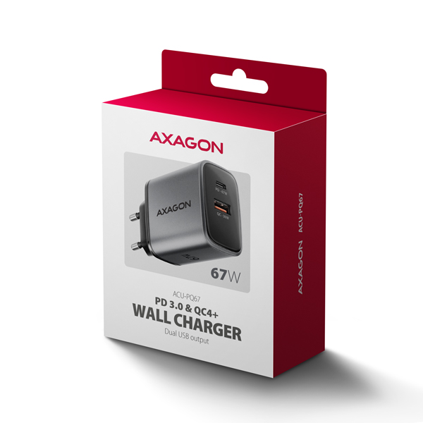 AXAGON ACU-PQ67 GaN nabíjačka do siete 67W, USB-A + USB-C, PD3.0/ PPS/ QC4+/ SFC2.0/ Apple 