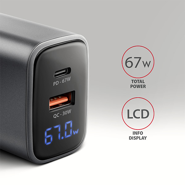 AXAGON ACU-PQ67D GaN nabíjačka do siete 67W, USB-A+USB-C, PD3.0/ PPS/ QC4+/ SFC2.0/ Apple, LCD display 