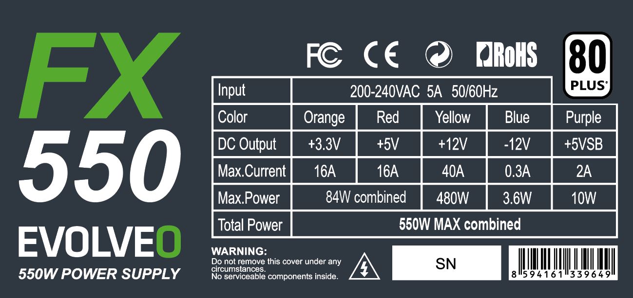 EVOLVEO FX 550/ 550W/ ATX/ 80PLUS 230V EU/ Bulk 