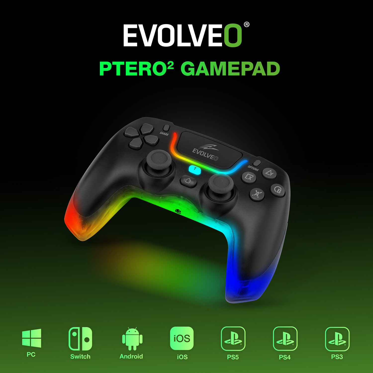 EVOLVEO Ptero2, bezdrôtový & drôtový gamepad pre PC, PS3/ 4/ 5, iOS, Android, Switch, čierny 
