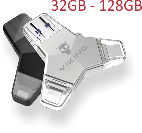 VIKING USB FLASH DISK 3.0 4v1 128GB, S KONCOVKOU APPLE LIGHTNING, USB-C, MICRO USB, USB3.0, černá