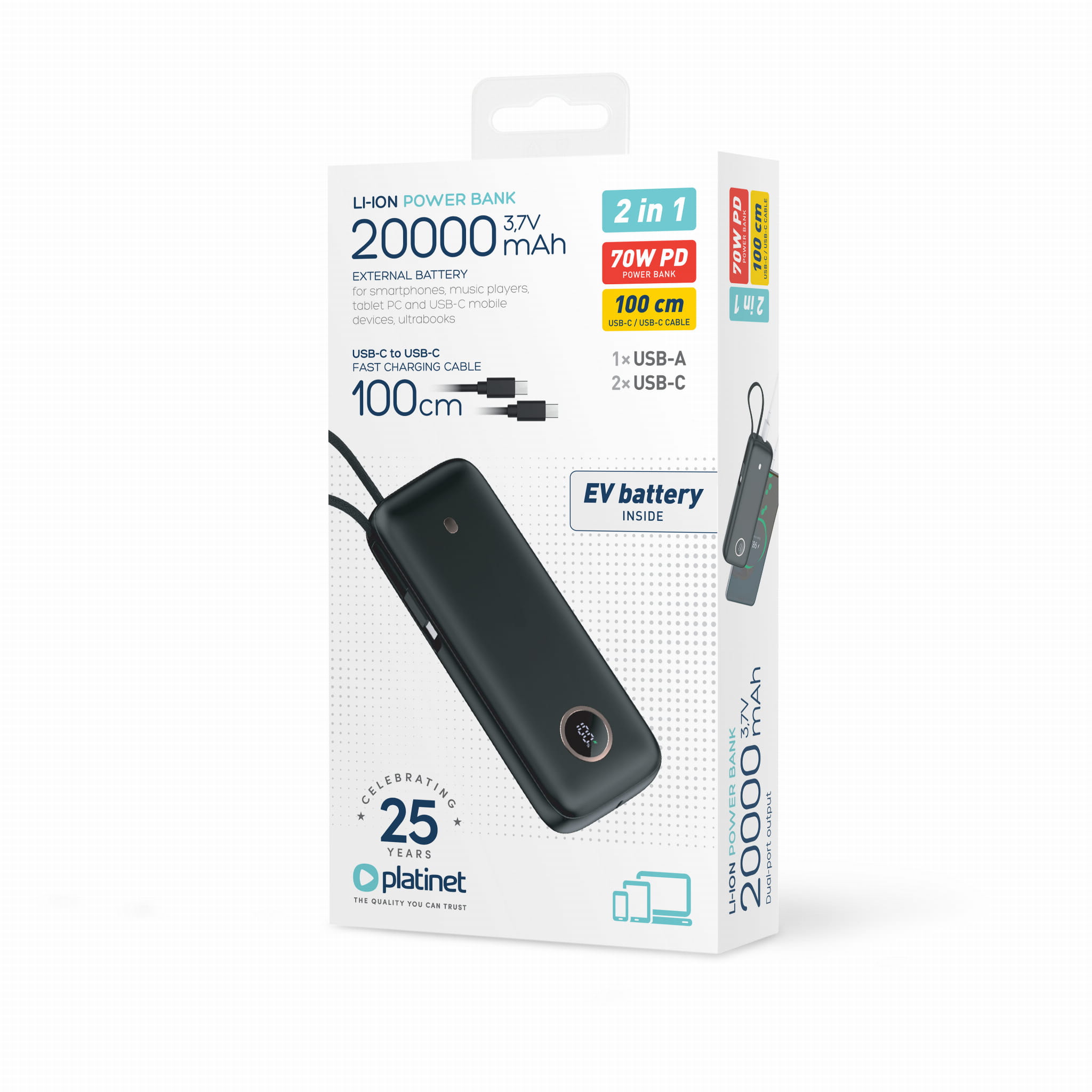 Platinet Powerbanka 20000 mAh 70W Power Delivery, 1xUSB-C, 1xUSB-A, kábel USB-C 1m, čierna 