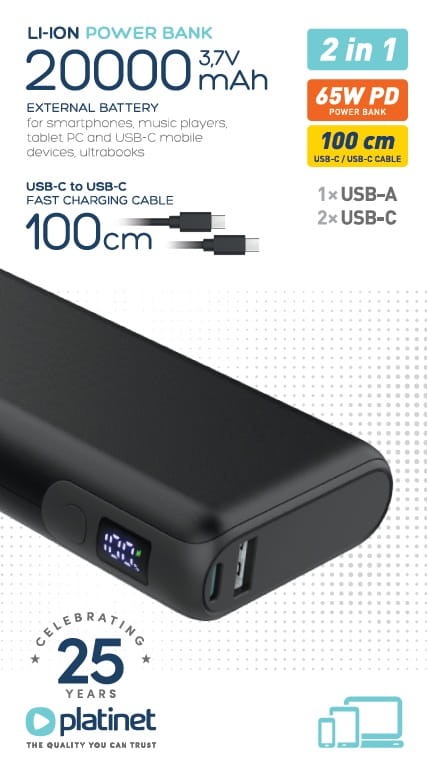 Platinet Powerbanka 20000 mAh 65W Power Delivery, 2x USB-C, 1x USB-A, kábel USB-C 1m, čierna 