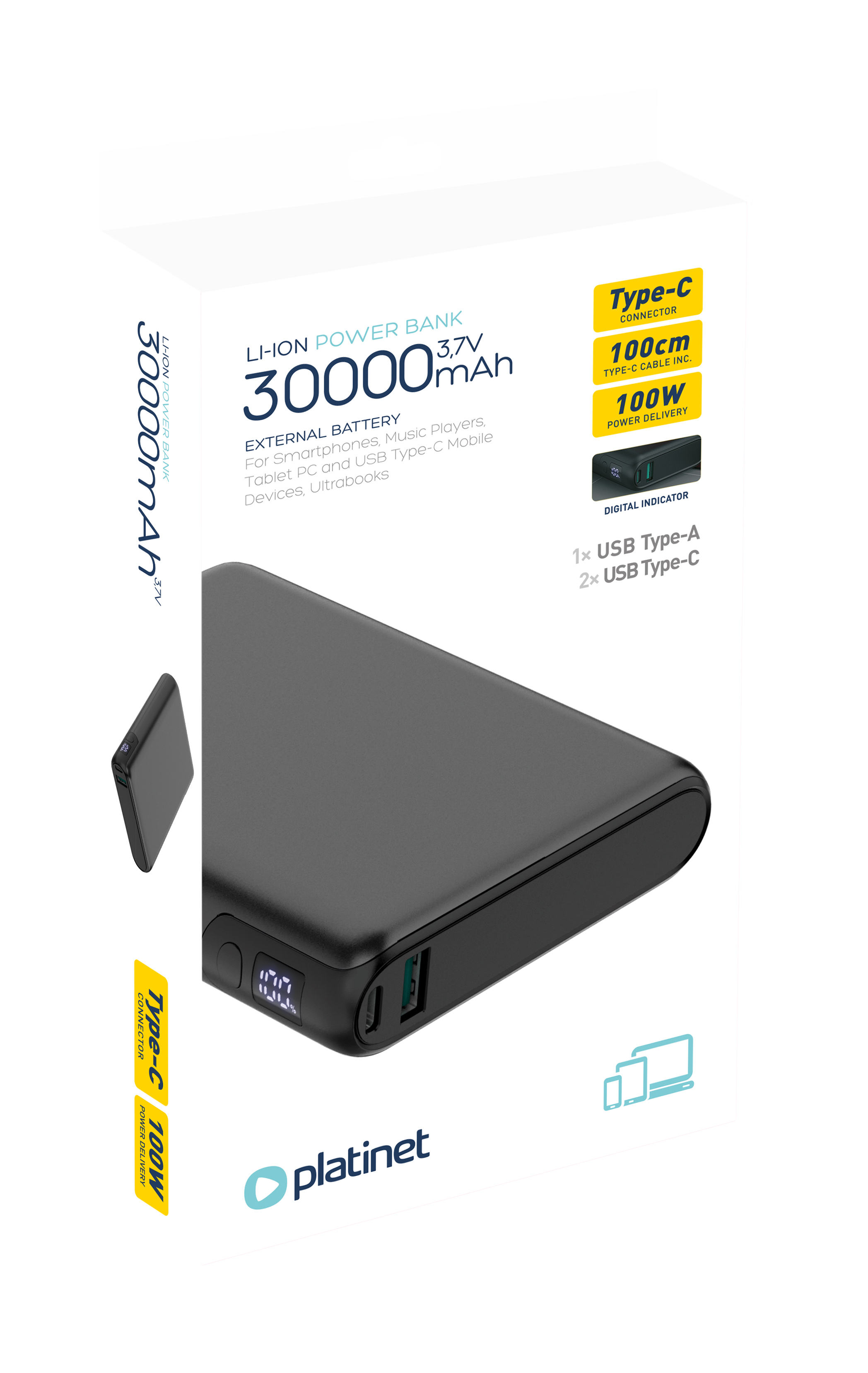 Platinet Powerbanka 30000 mAh 100W Power Delivery, 2xUSB-C, 1xUSB-A, čierna 