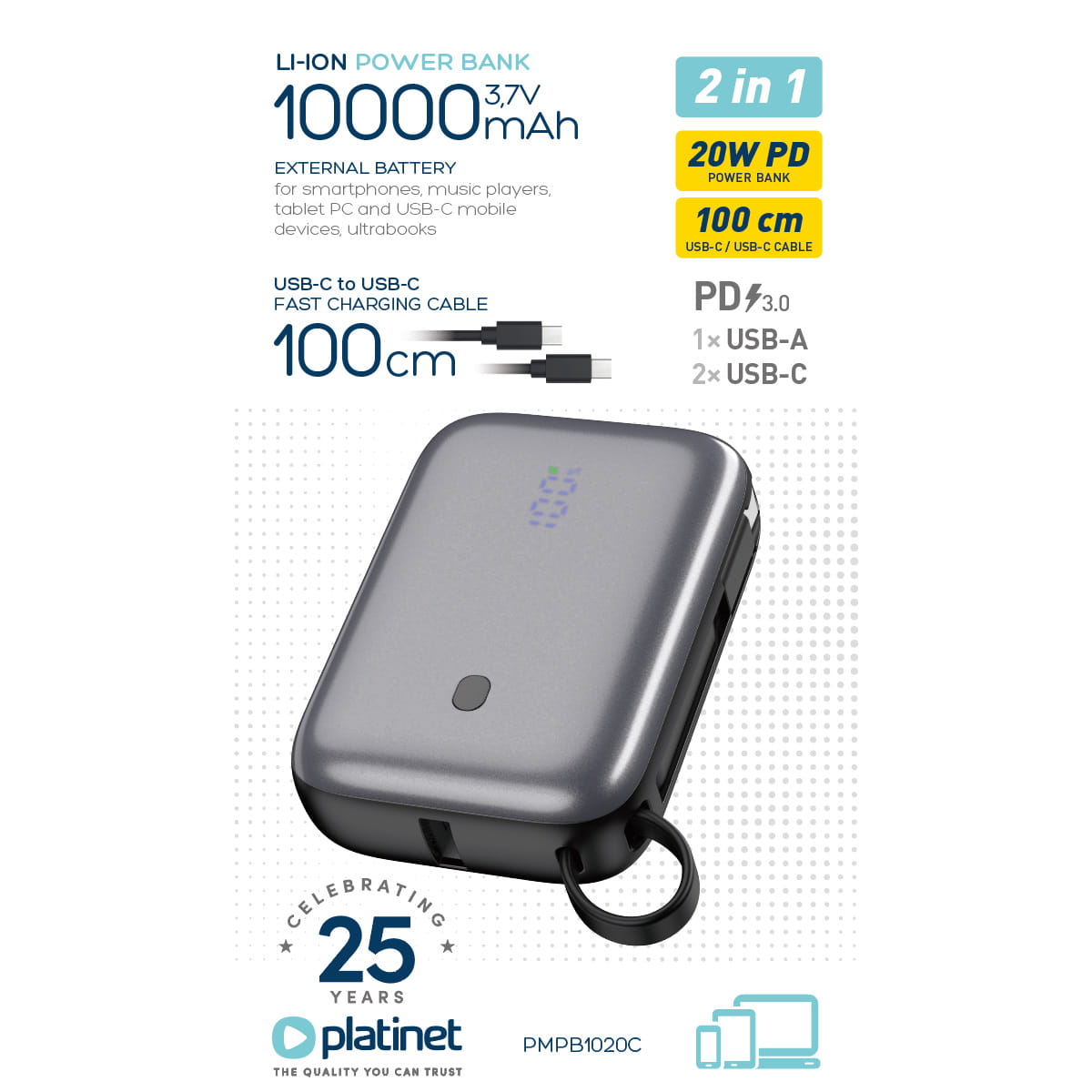 Platinet Powerbanka 10000 mAh 20W Power Delivery, 2xUSB-C, 1xUSB-A, kábel USB-C 1m, čierna 