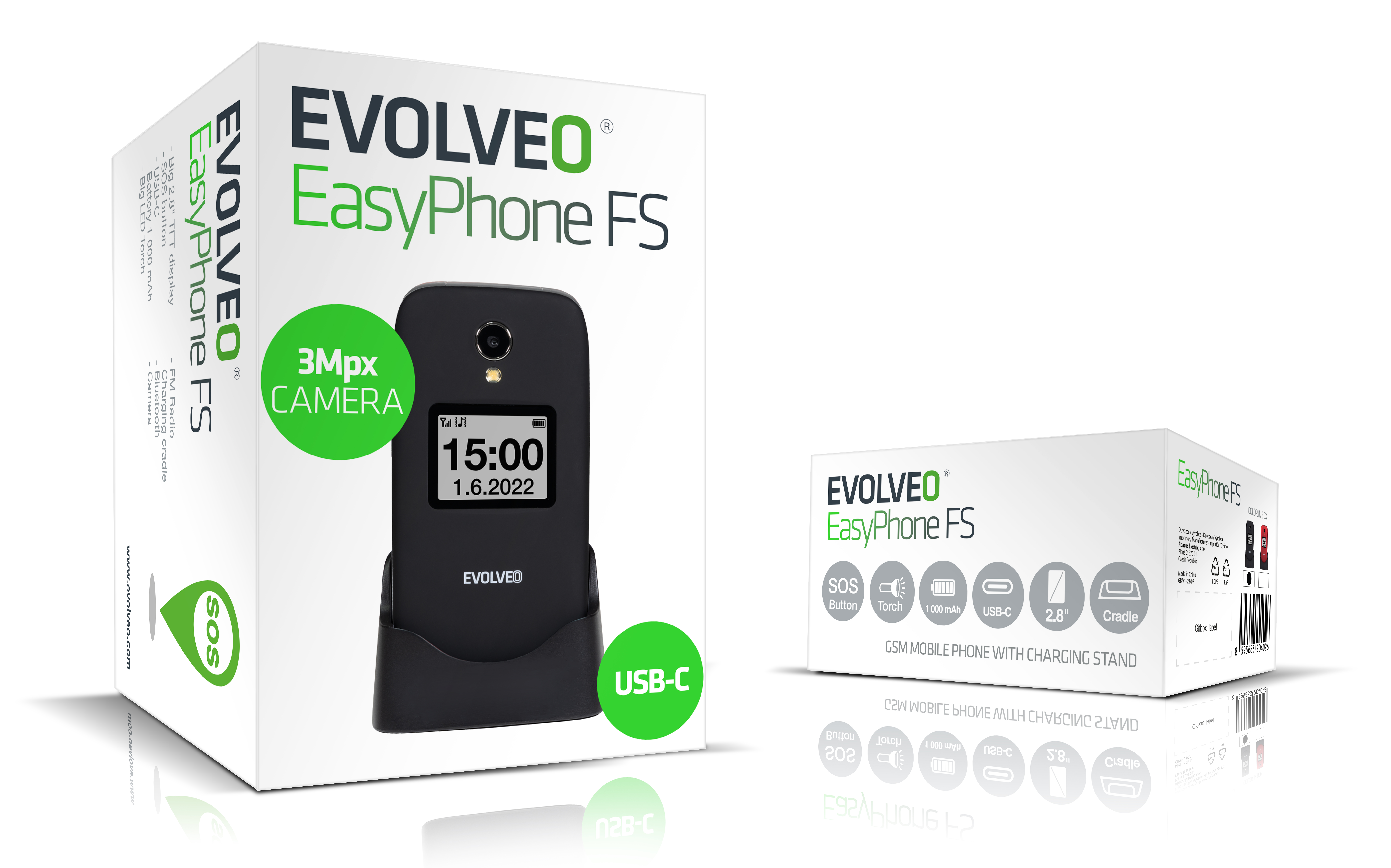 EVOLVEO EasyPhone FS, vyklápací telefón 2.8" pre seniorov s nabíjacím stojanom (čierna farba) 