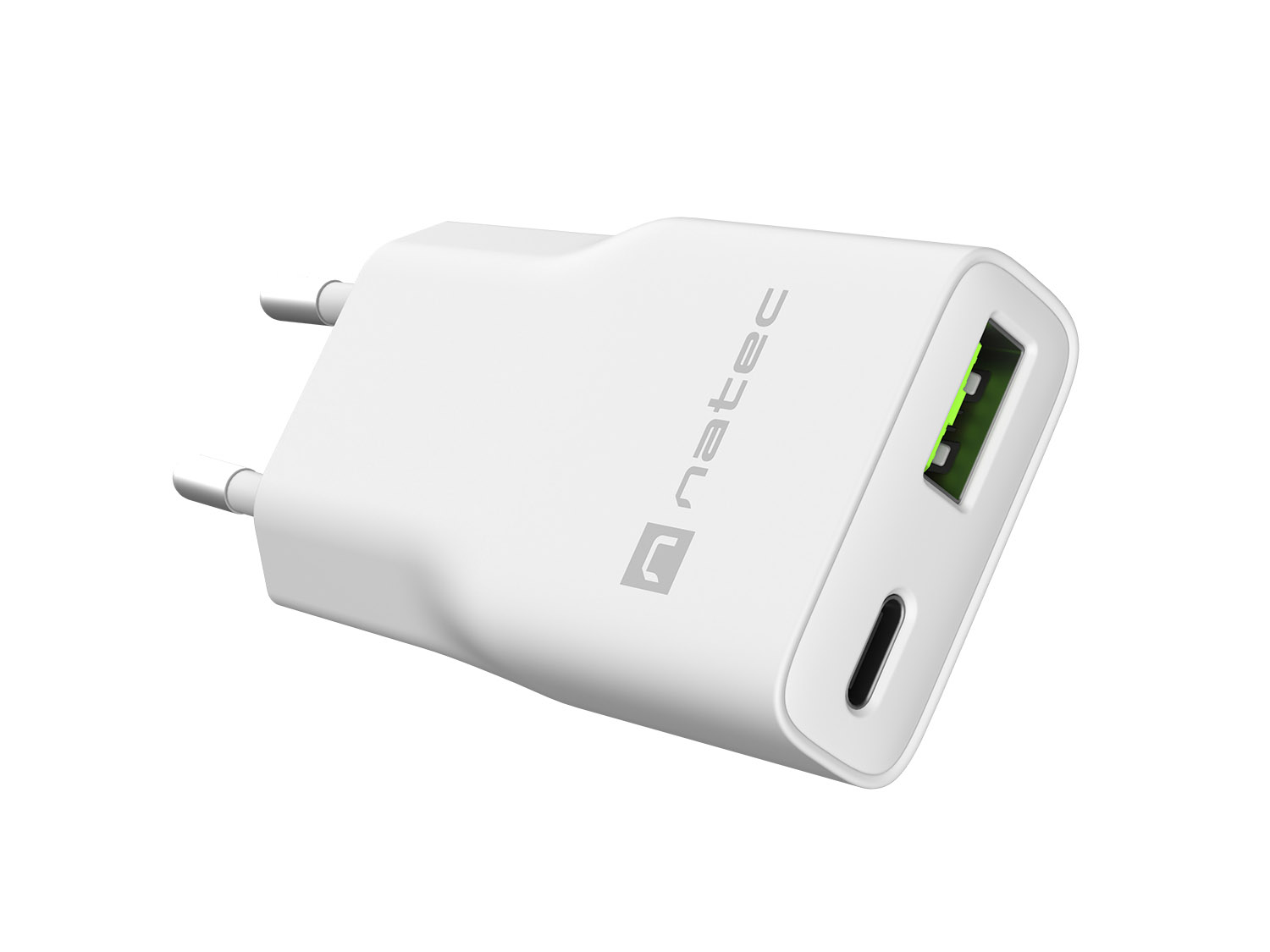 Univerzálna USB nabíjačka Natec RIBERA GaN SLIM, 20 W, 1X USB-A + 1X USB-C, Biela 