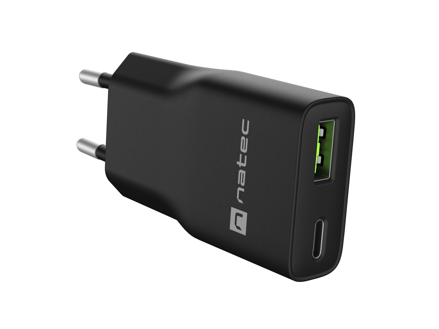 Univerzálna USB nabíjačka Natec RIBERA GaN SLIM, 20 W, 1X USB-A + 1X USB-C, Čierna 
