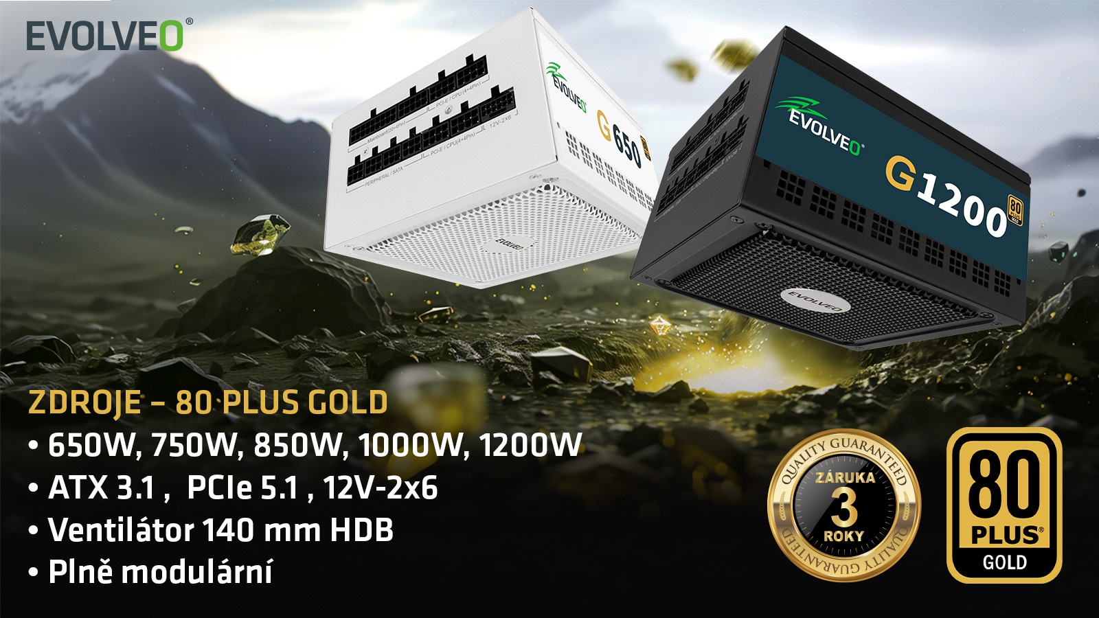 EVOLVEO G850, 850W, ATX 3.1, 14cm, aPFC, 80+GOLD, 3YRW 
