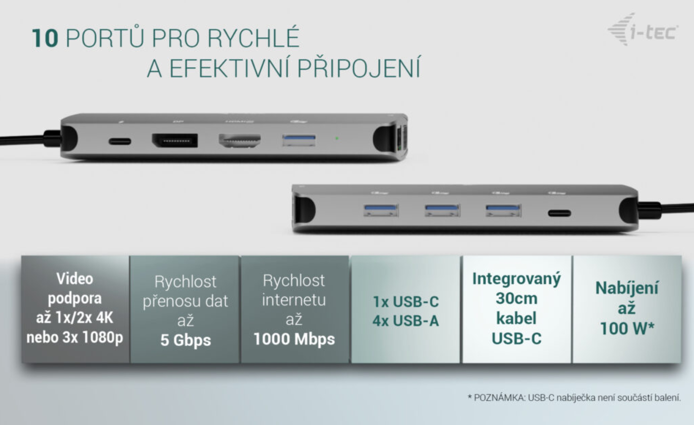 i-tec USB-C Metal Nano 3x Display (DP, HDMI a VGA) Docking Station, Power Delivery 100W 