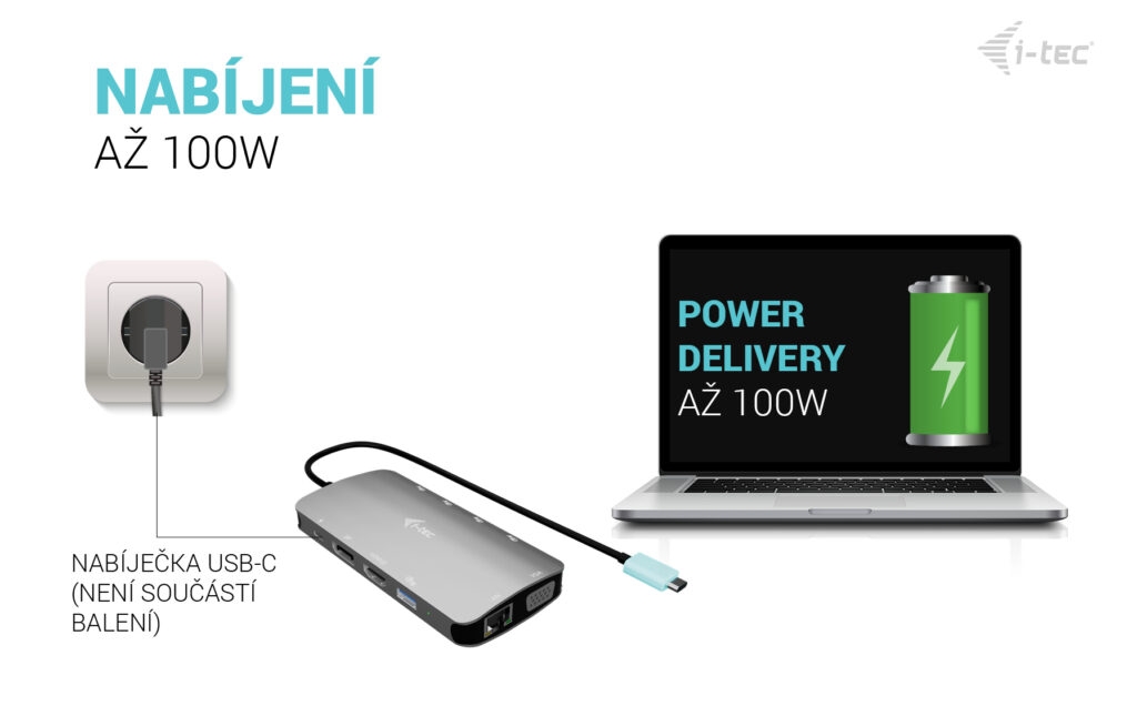 i-tec USB-C Metal Nano 3x Display (DP, HDMI a VGA) Docking Station, Power Delivery 100W 